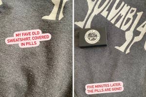 a before and after photo for a sweater pill remover