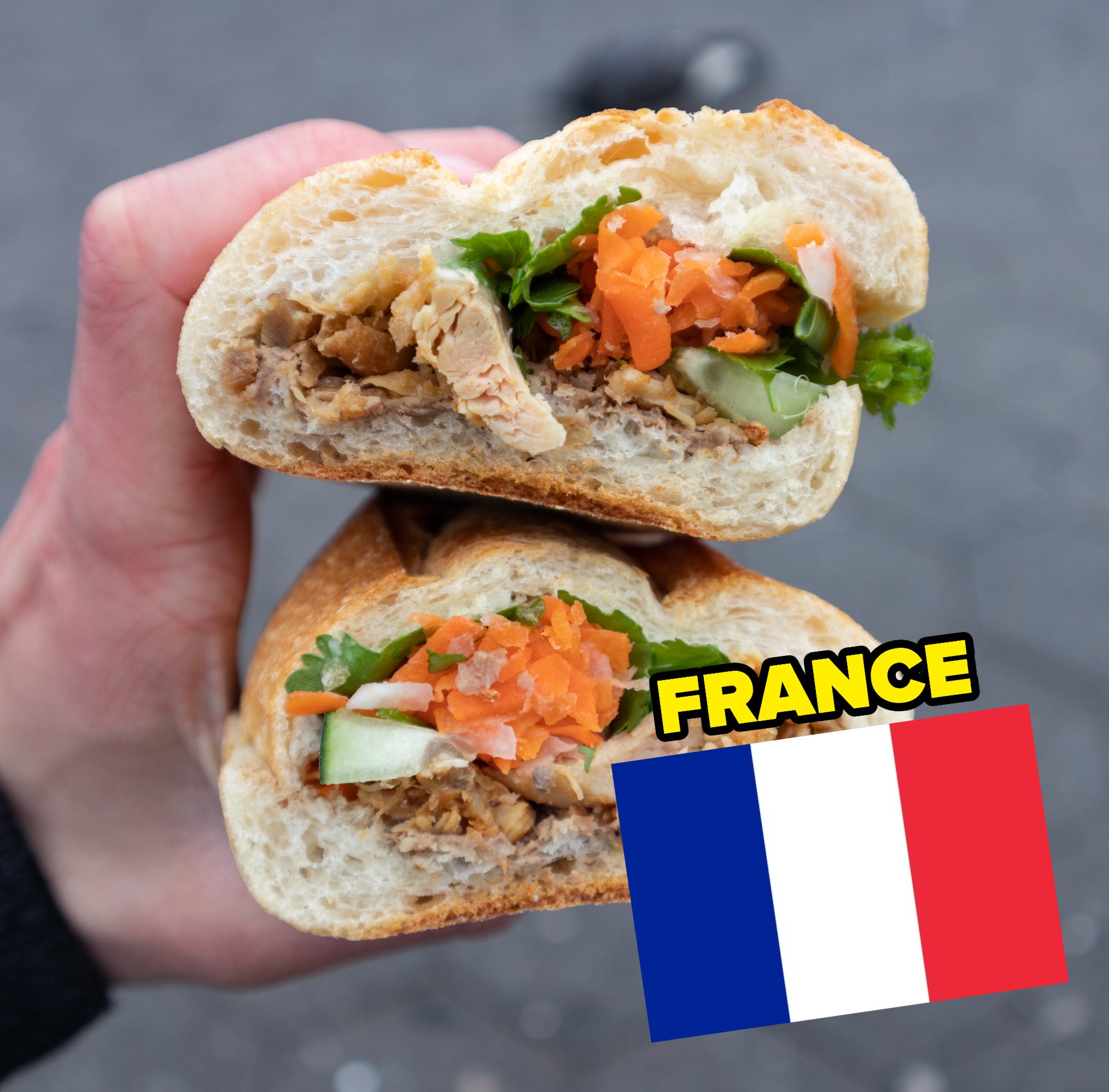 a banh mi sandwich with a French flag image