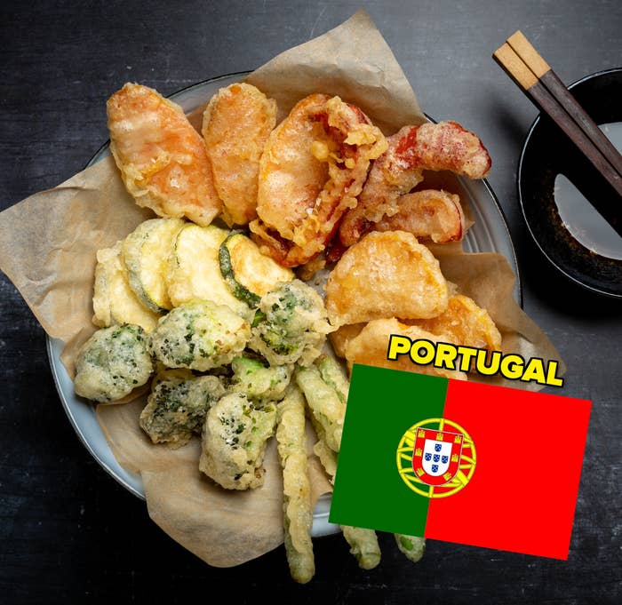 a plate of tempura with a Portuguese flag image on it