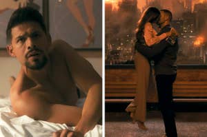 Left: Diego, shirtless, while lying on a bed; Right: Sloane and Luther kissing after he proposes 