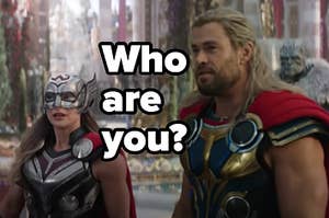 Jane Foster and Thor face each other labeled, "Who are you?"