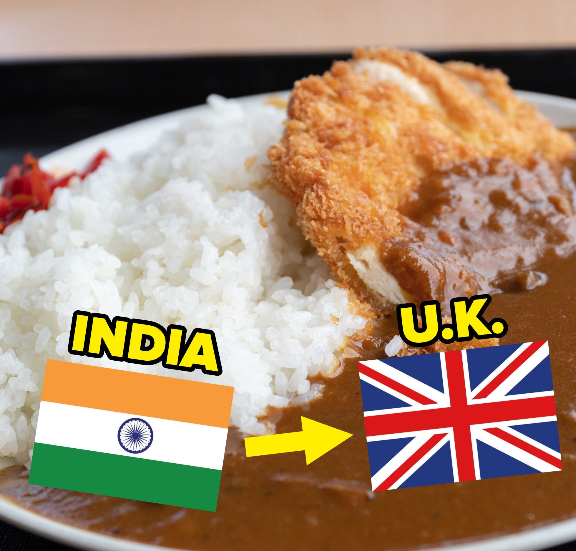 a plate of Japanese curry with the Indian and British flag images by it
