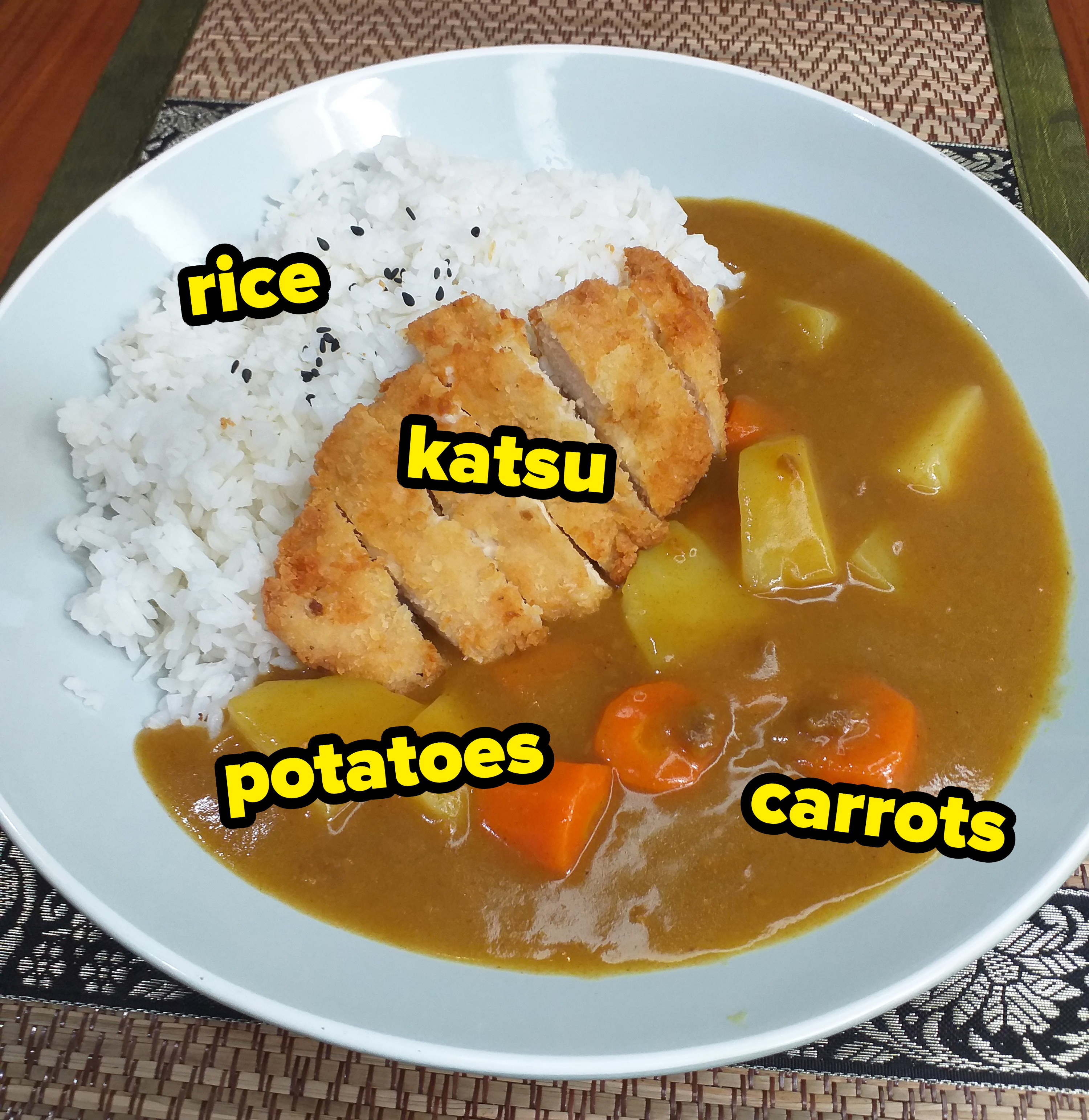 katsu, rice, and vegetable curry
