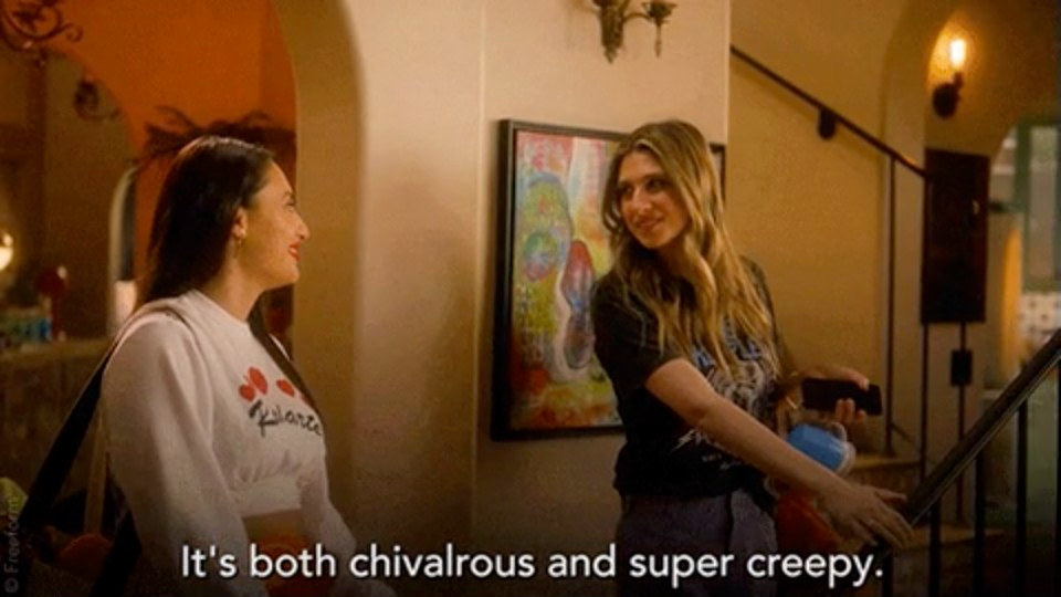 two women smiling at each other with the words &quot;It&#x27;s both chivalrous and super creepy&quot;