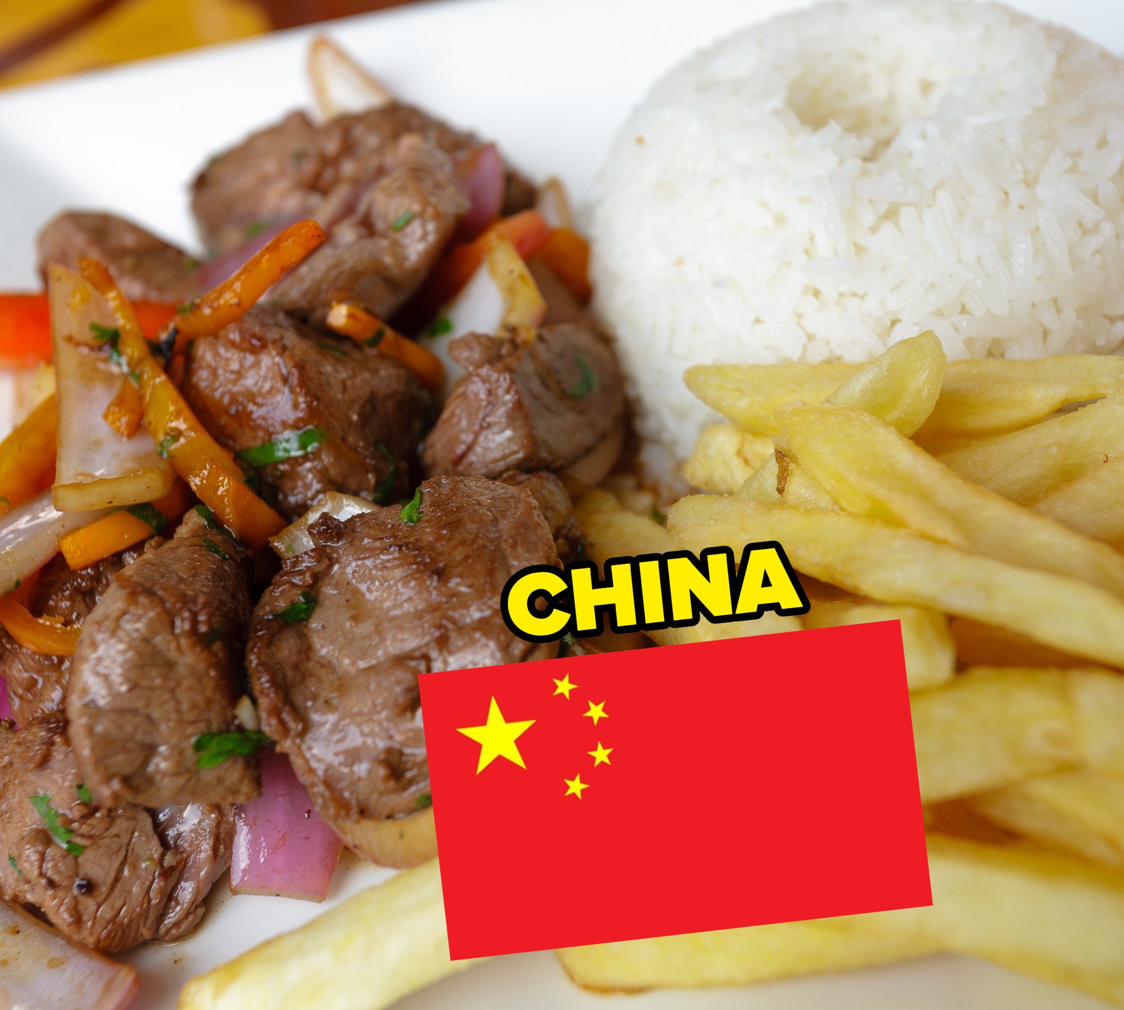 lomo saltado with a Chinese flag