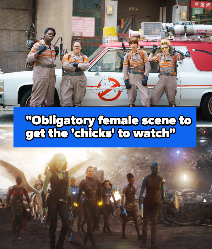Scene from Ghostbusters with women cast; scene with women Avengers walking together