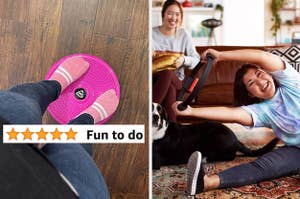 on left, reviewer standing on pink twist board. on right, model holds Nintendo RingFit Adventure ring while completing arm stretch