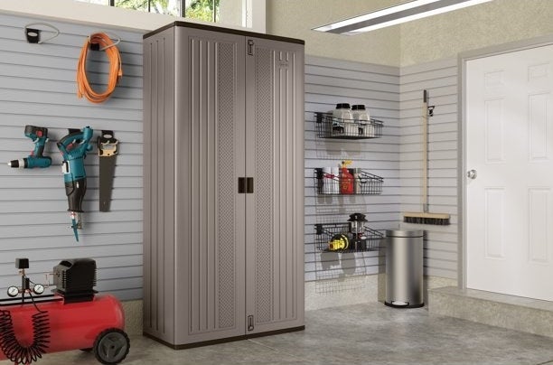a gray cabinet in a garage