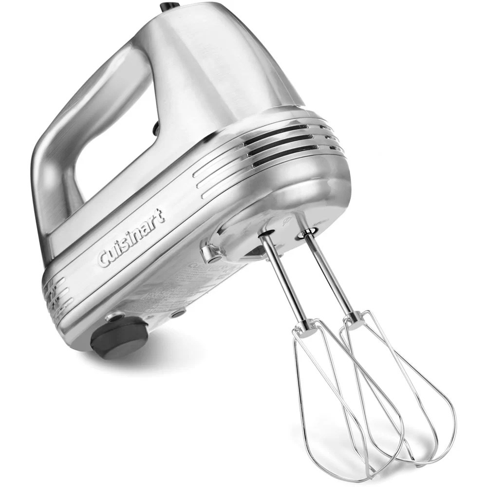 a brushed chrome nine-speed hand mixer