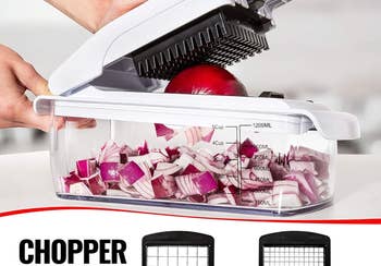 Model pressing down on top to cut an onion