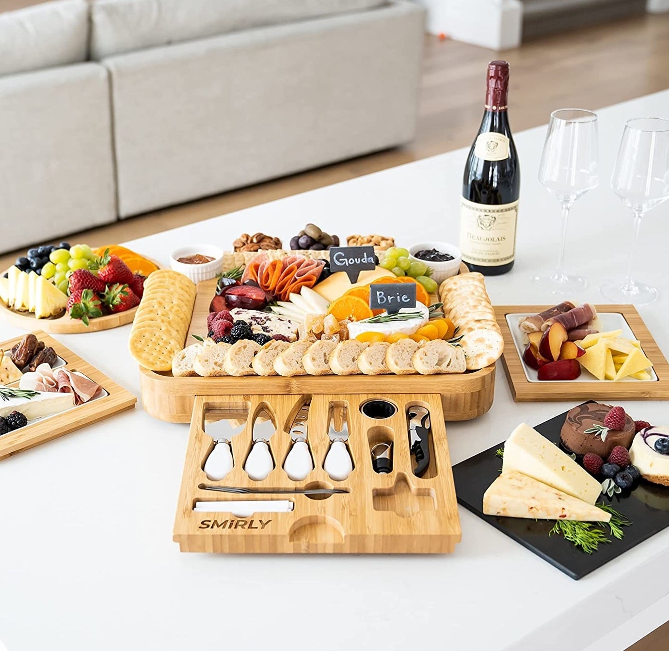 The cheese board on a counter