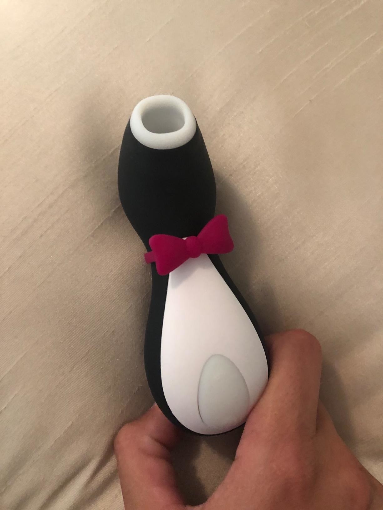 Reviewer&#x27;s photo holding the penguin vibrator