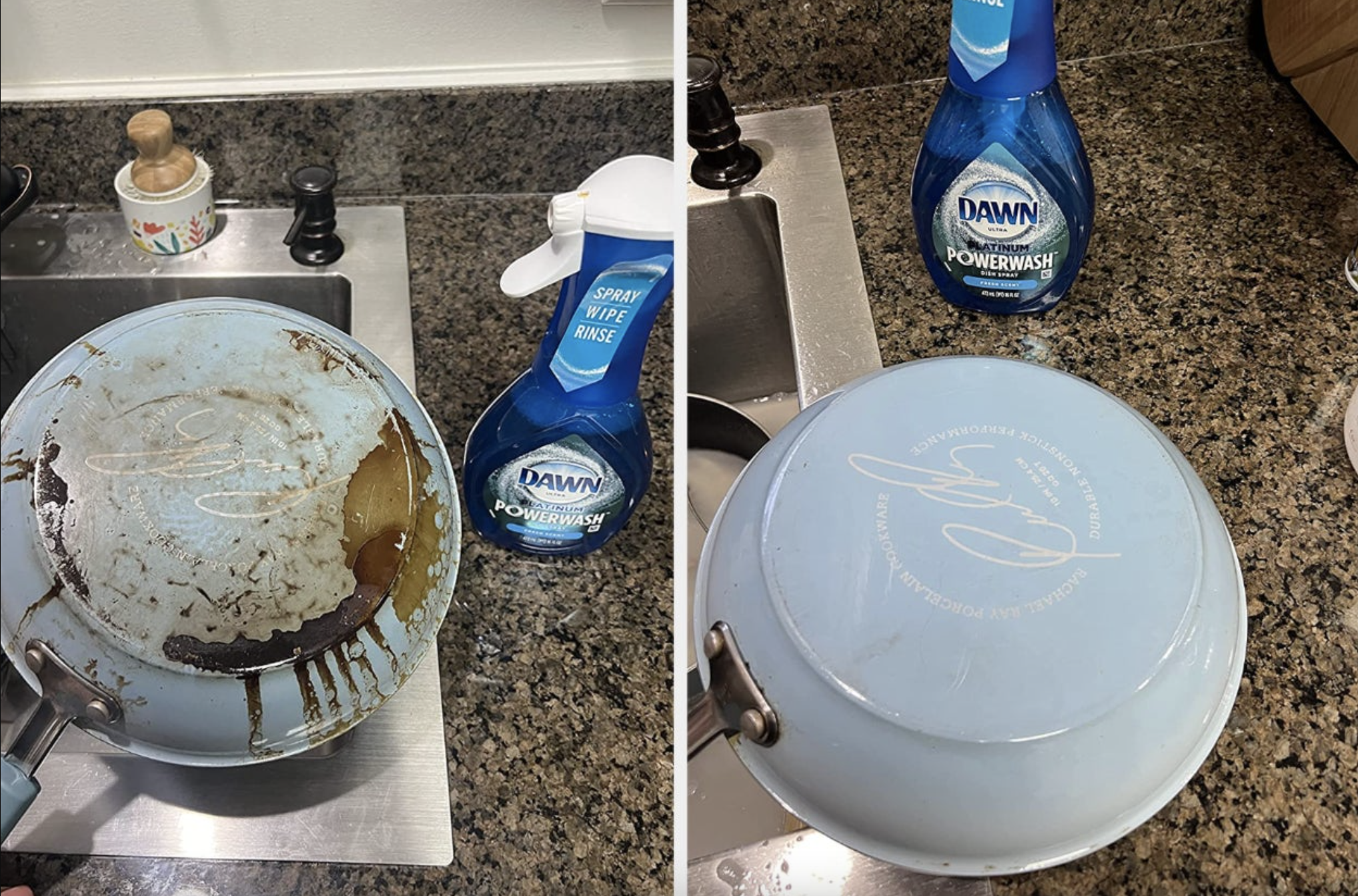 Reviewer before and after pic with a dirty pan and clean one