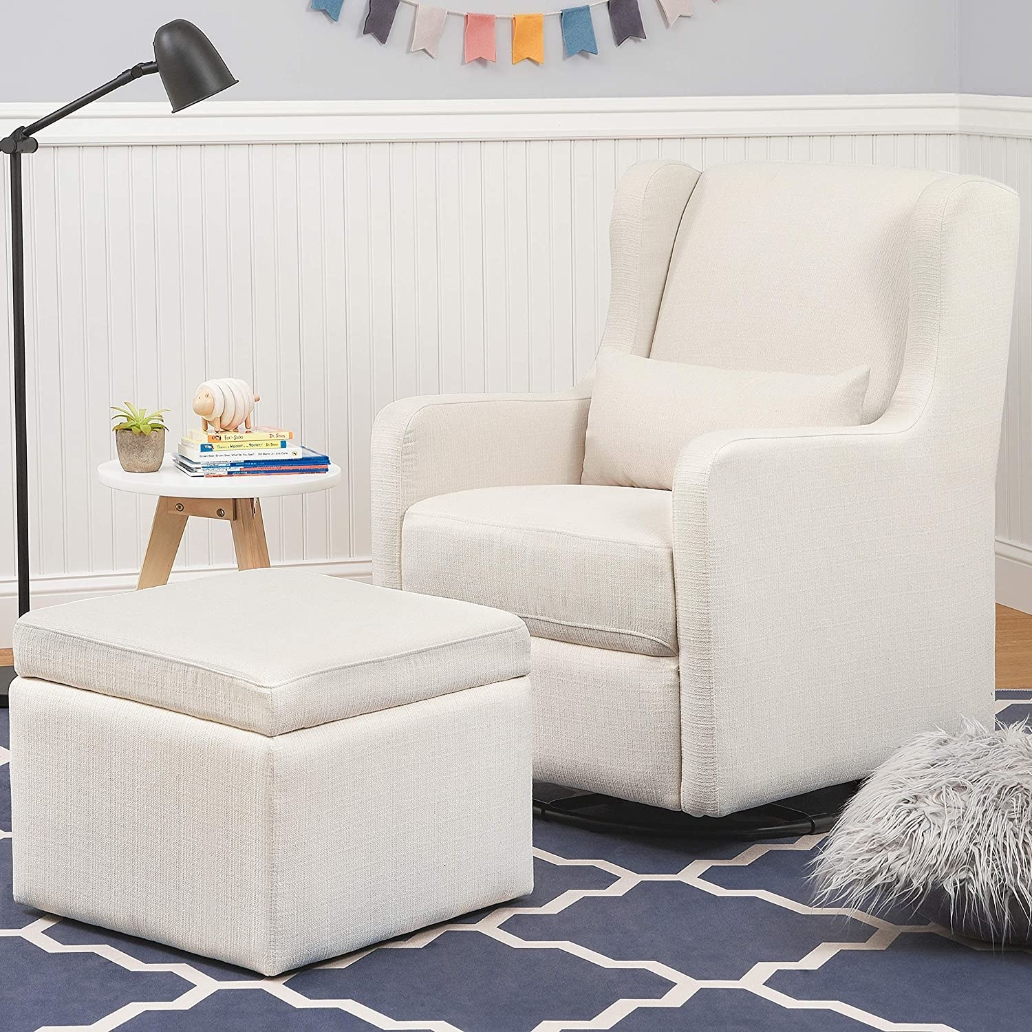 white linen upright swivel chair with matching square ottoman/foot rest