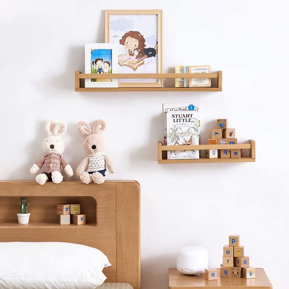 natural wooden upright shelf with matching bed and desk