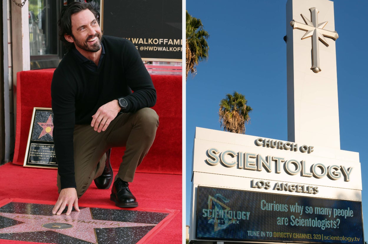 The actor Milo Ventimiglia smiling while getting a star on the Hollywood Walk of Fame and a pillar and billboard for a Scientology Church