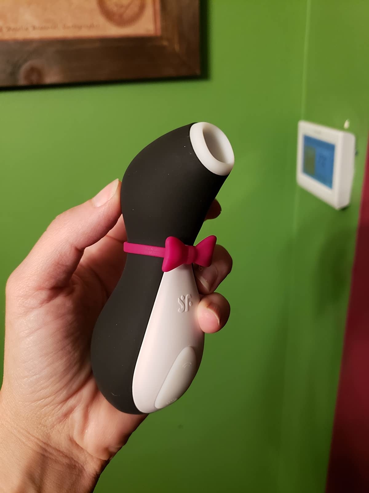 Reviewer holding black and white penguin vibrator