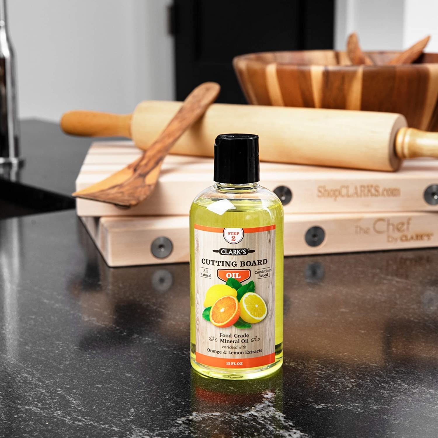 Some cutting board oil on a countertop