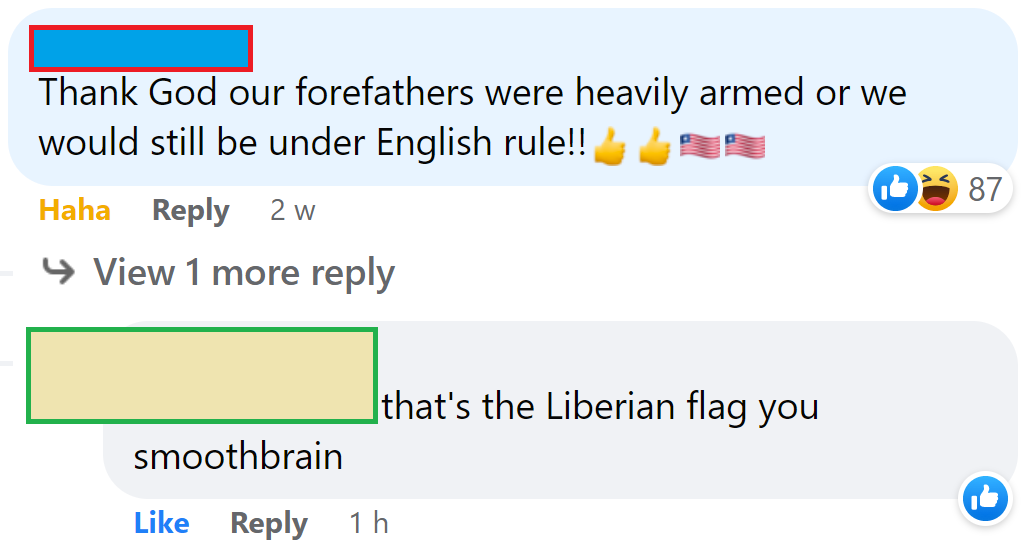Person thanking gun ownership for no longer being under English rule posts the Liberian flag instead of US flag