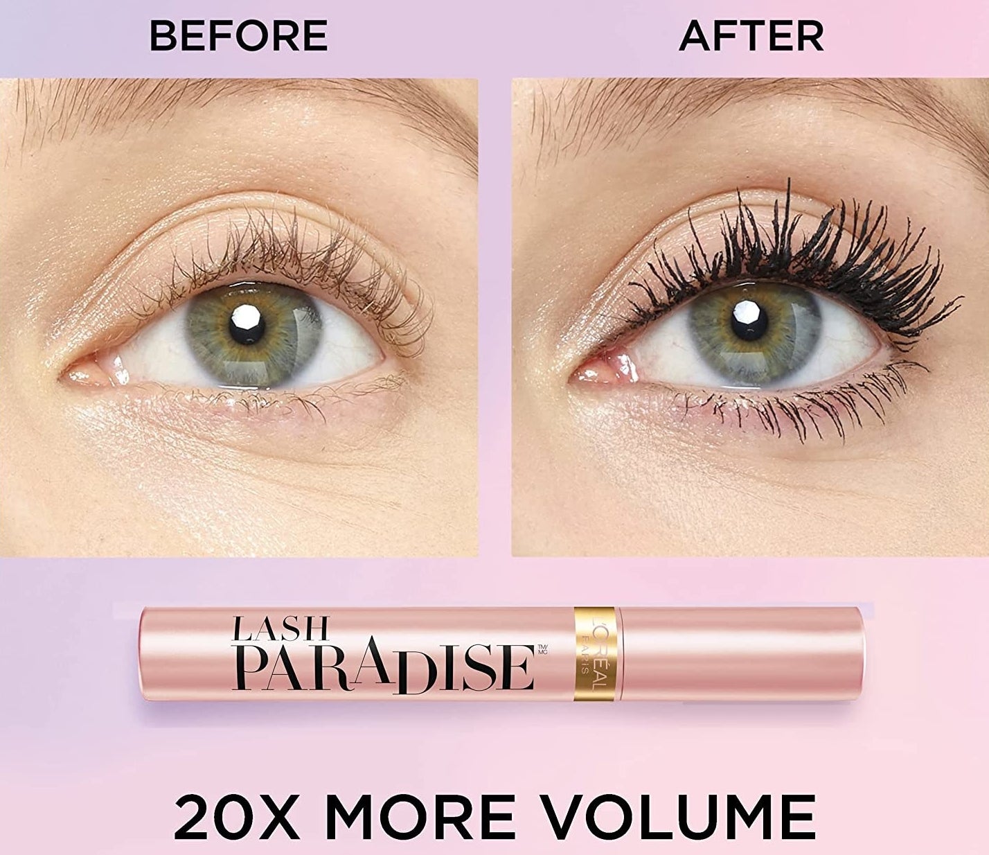 a before and after of lashes coated in mascara where the after shows them noticeably darker and longer