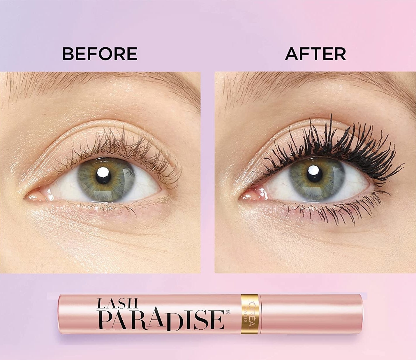 a before and after of lashes coated in mascara where the after shows them noticeably darker and longer