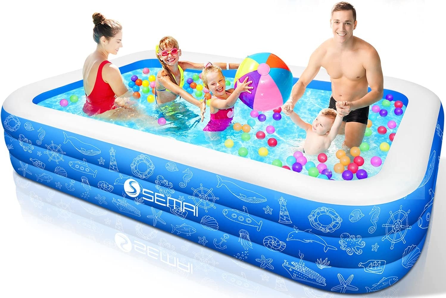 a family in a pool on a white background