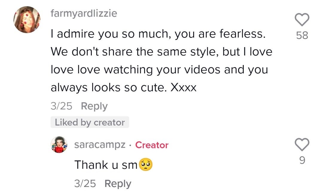 Screen shot of comments on Sara&#x27;s TikTok