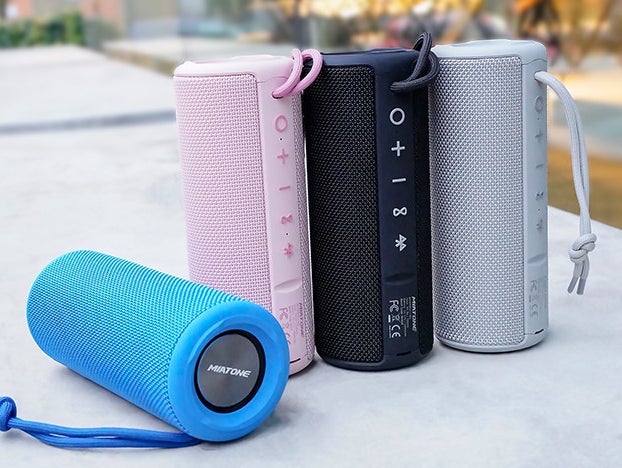 blue, pink, black, gray bluetooth speakers