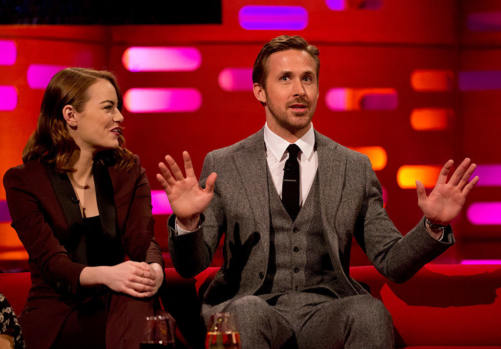 Emma Stone and Ryan Gosling during filming of the Graham Norton Show at The London Studios