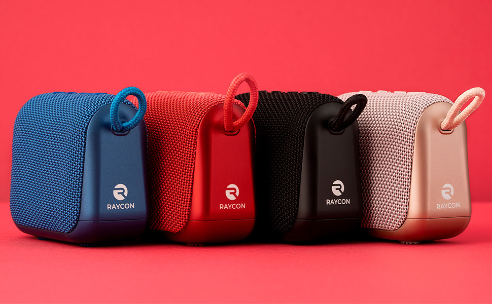 blue, red, black, pink clip-on Raycon speakers, product image