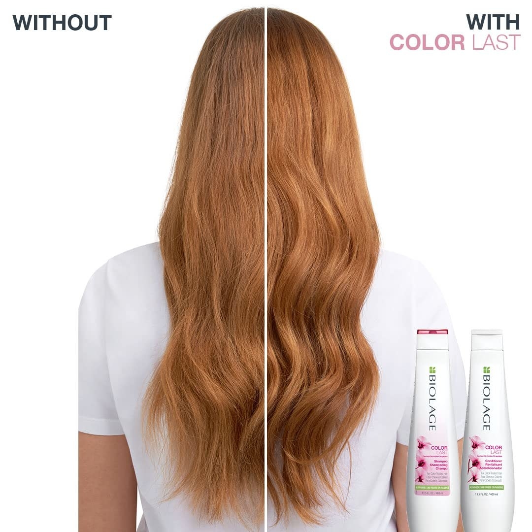 before-and-after photo of reviewer with red frizzy hair (left) and more smooth hair (right) after using Biolage Color Last Shampoo