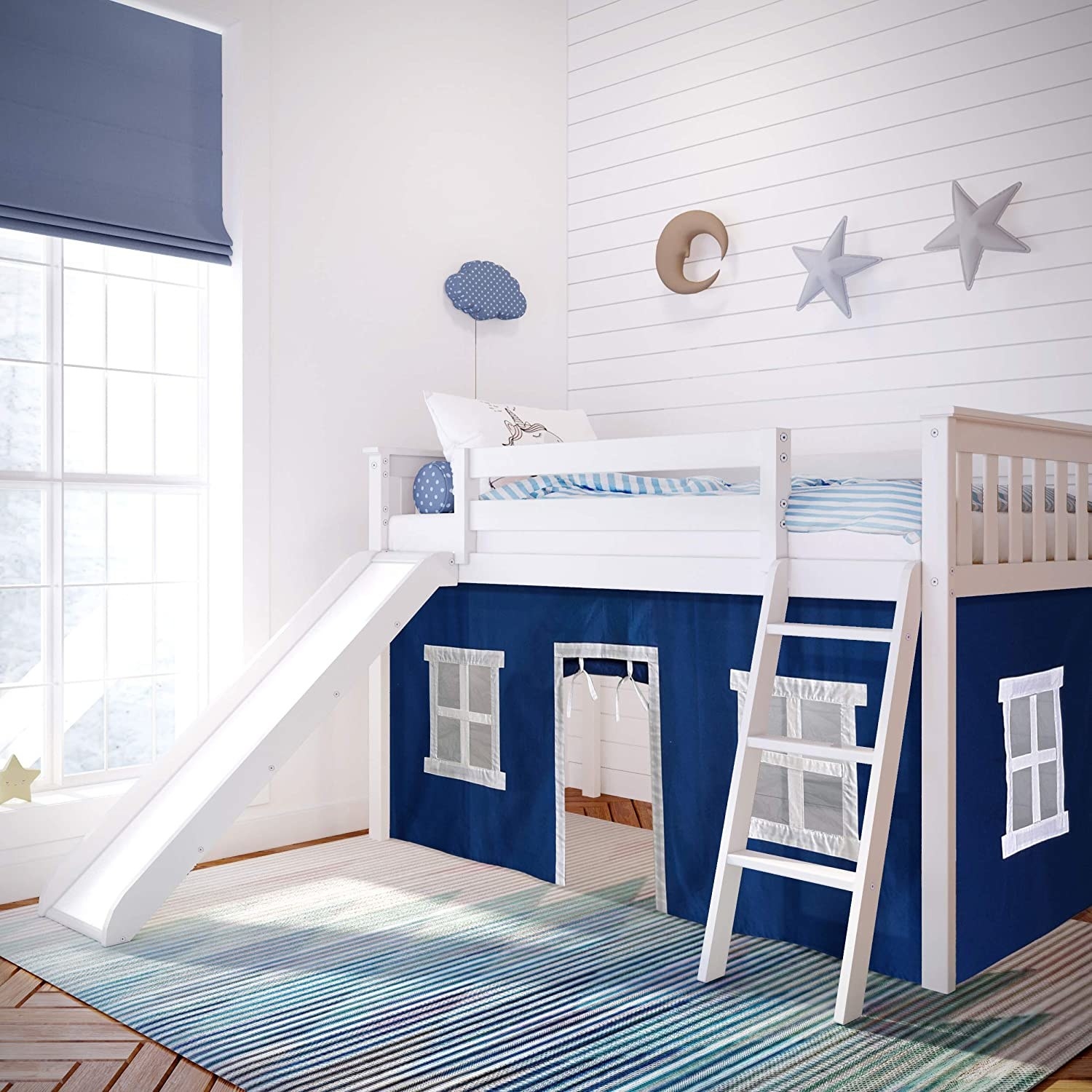 one bunk bed with ladder, slide and fabric playhouse on bottom
