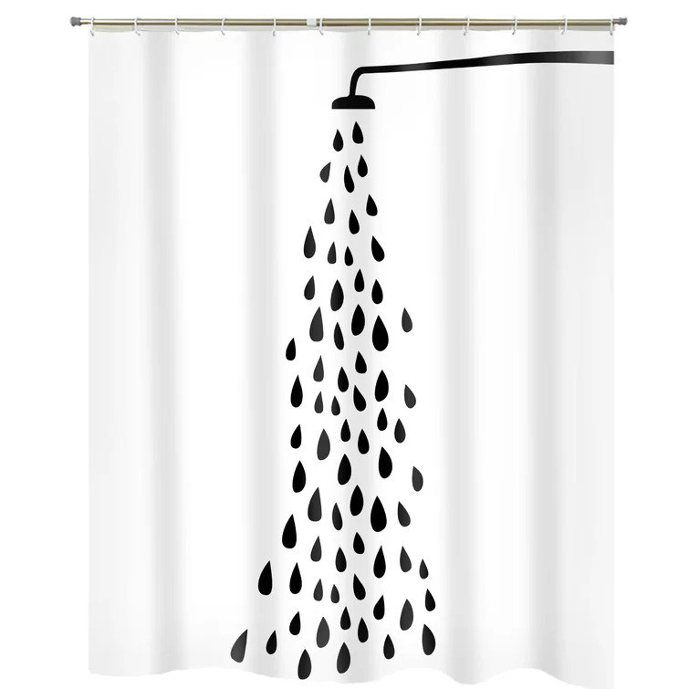 Black and white shower curtain with shower head and water drops design