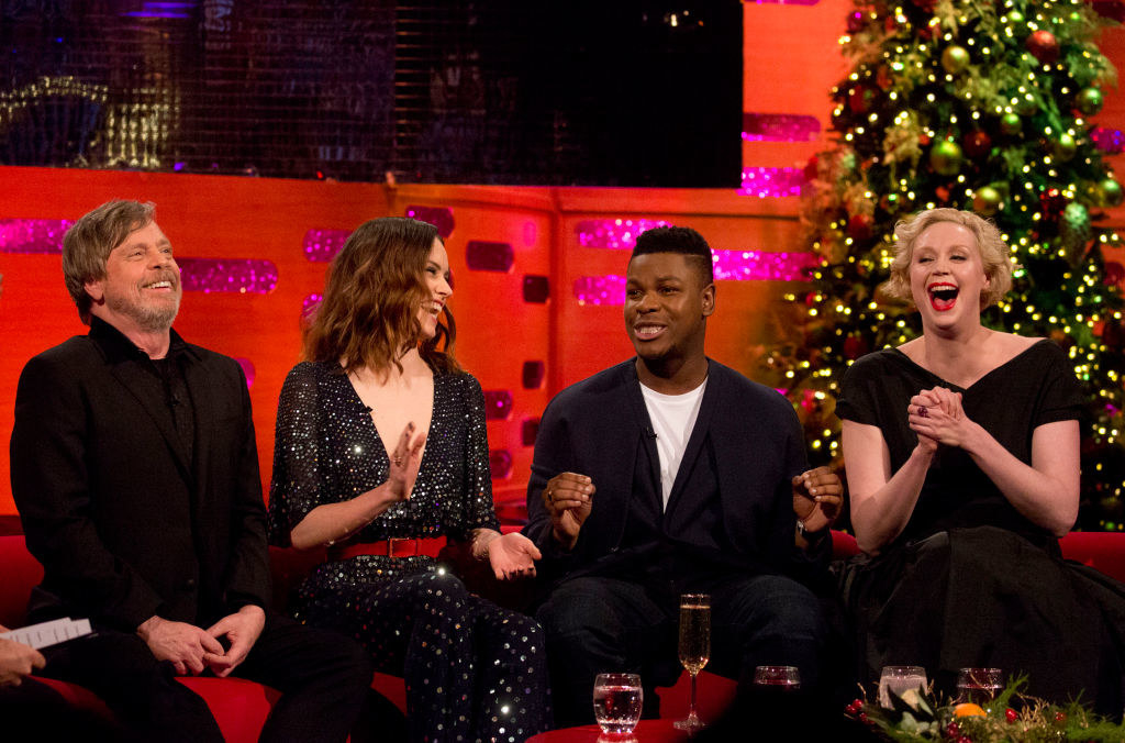 Mark Hamill, Daisy Ridley, John Boyega and Gwendoline Christie during filming of the Graham Norton Show