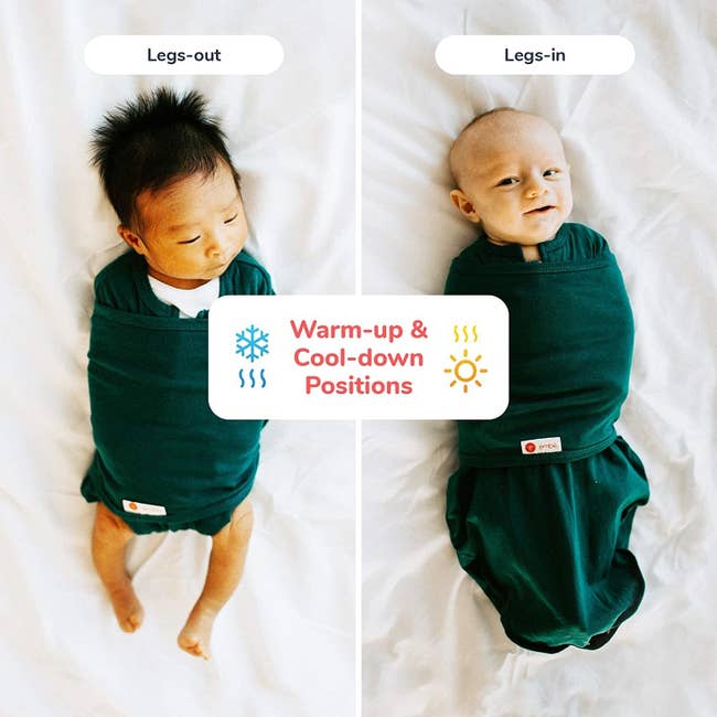 two babies wearing the swaddle. one has their legs out and the other has legs tucked in.