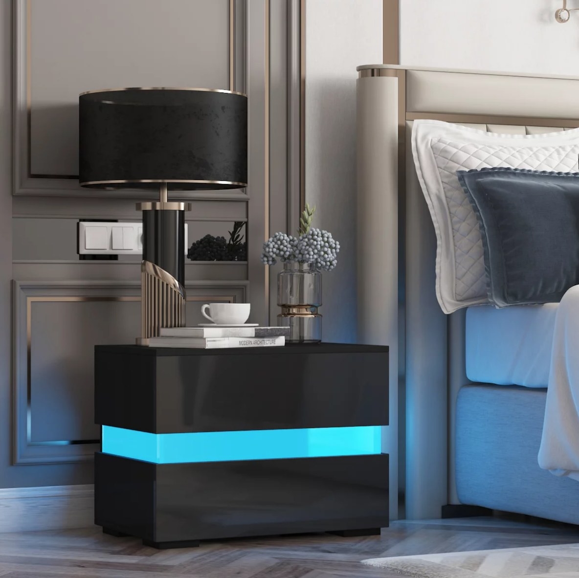 black nightstand with blue LED strip light in middle between two drawers