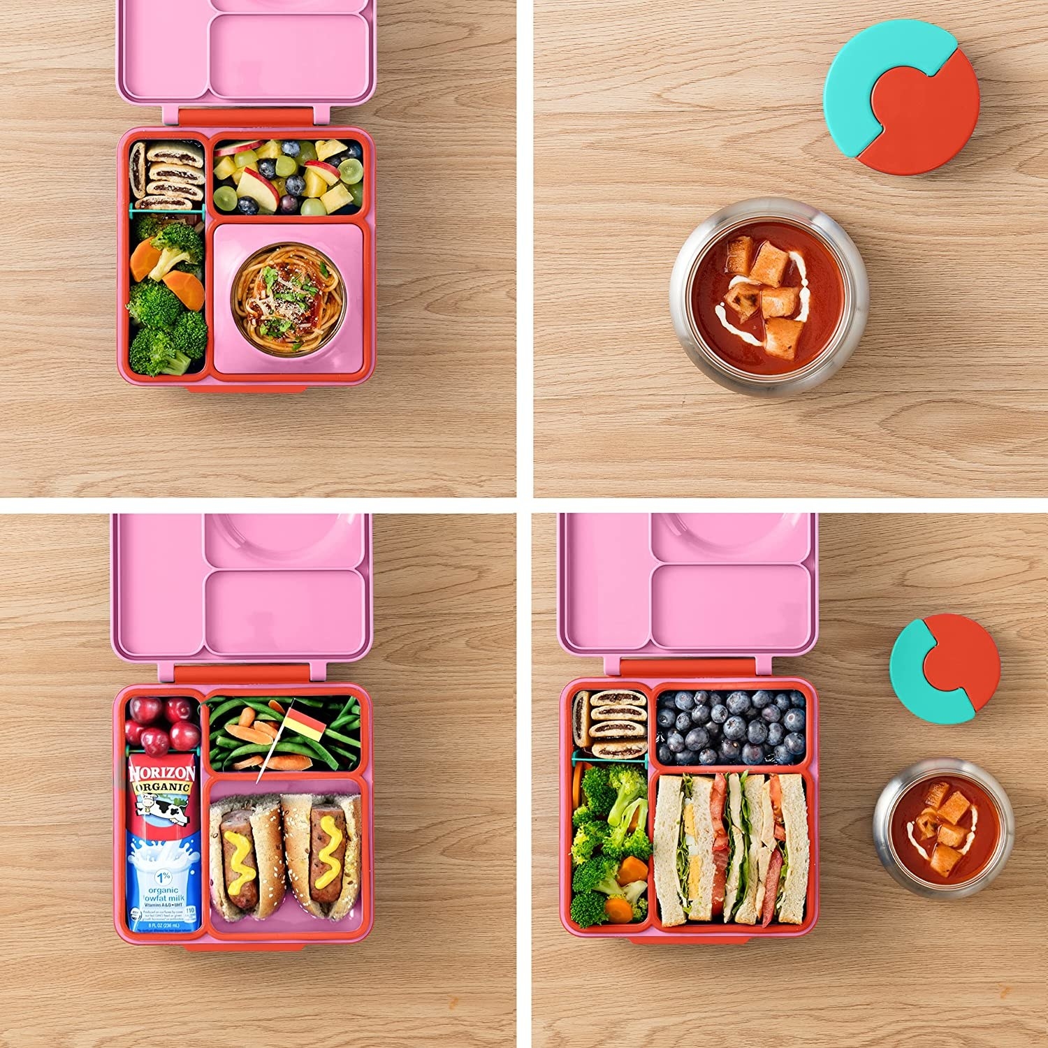 the pink lunchbox in four different configurations