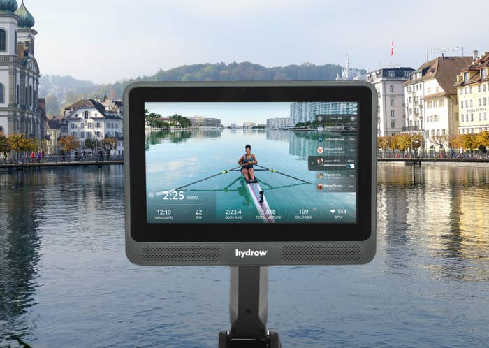 A close-up of the built-in screen on the Hydrow Wave, with an HD video rowing tutorial