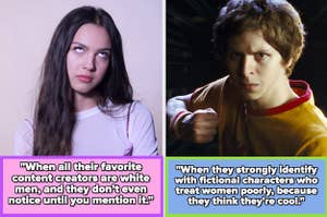 Olivia Rodrigo rolling her eyes with text about all his favorite content creators being white men without him realizing, and text about strongly identifying with fictional characters who treat women poorly, with an image of Scott Pilgrim