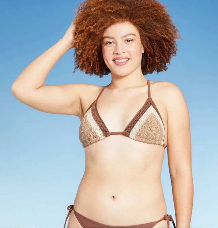 model wearing brown crochet triangle bikini