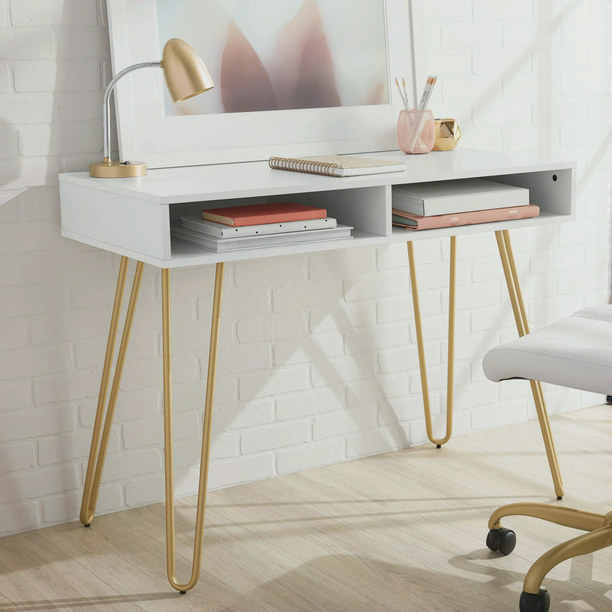 White desk with two open shelves and gold hairpin style legs