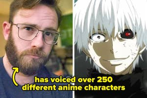 Left: Austin Tindle, a voice actor; Right: Ken from Tokyo Ghoul; there is text saying Austin has voiced over 250 different anime characters