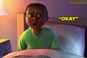 A picture of a boy sitting up in bed from the film Monsters Inc with the caption, "OKAY"