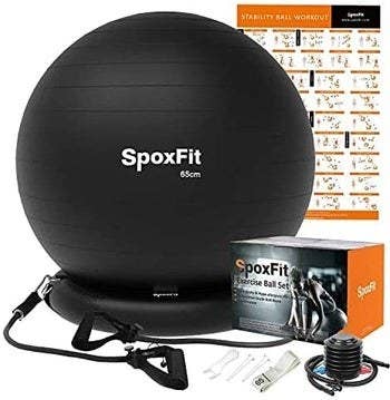 same exercise ball shown with included black resistance bands