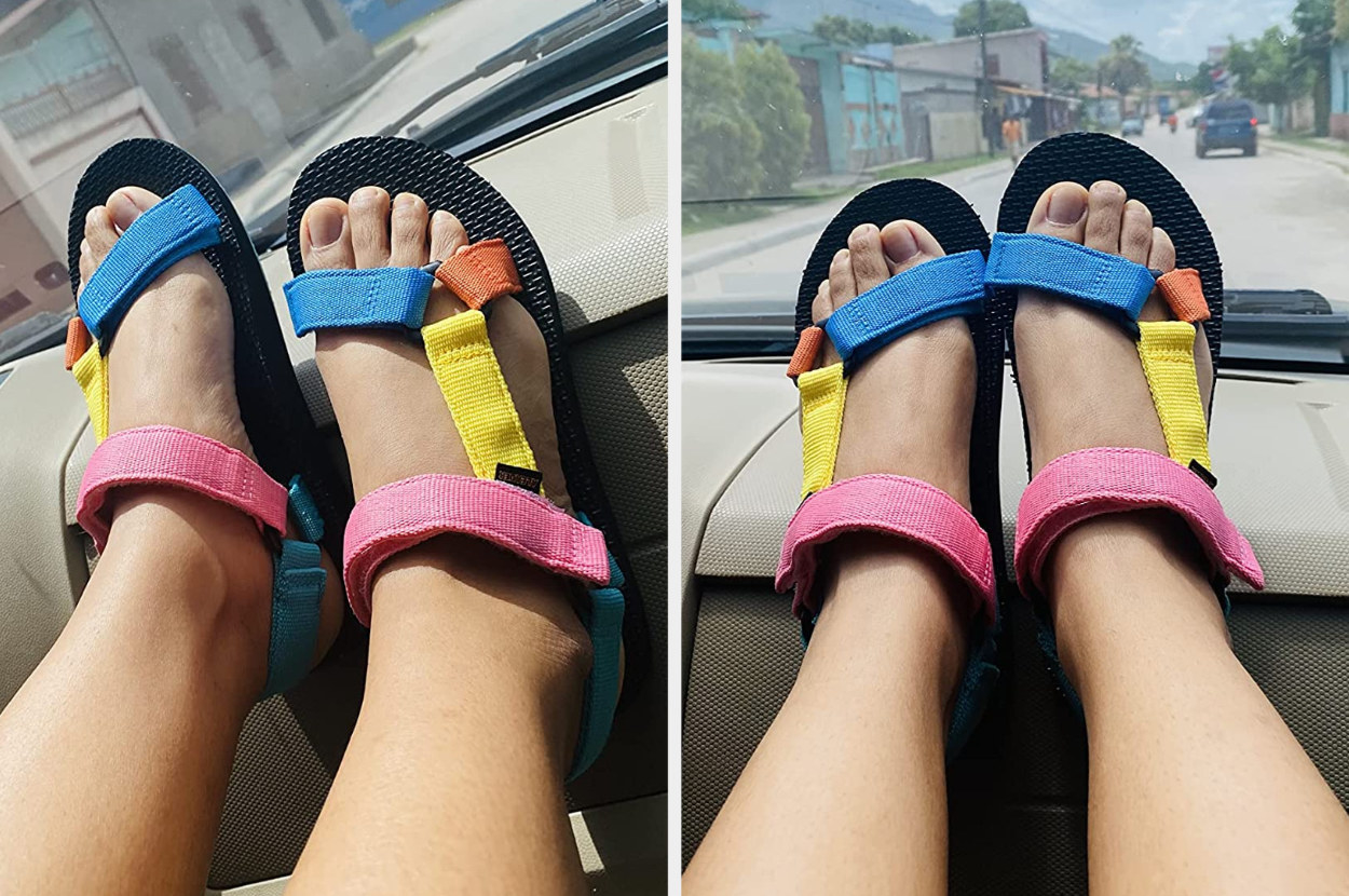 Reviewer wearing blue, yellow, pink, and orange strapped sandals