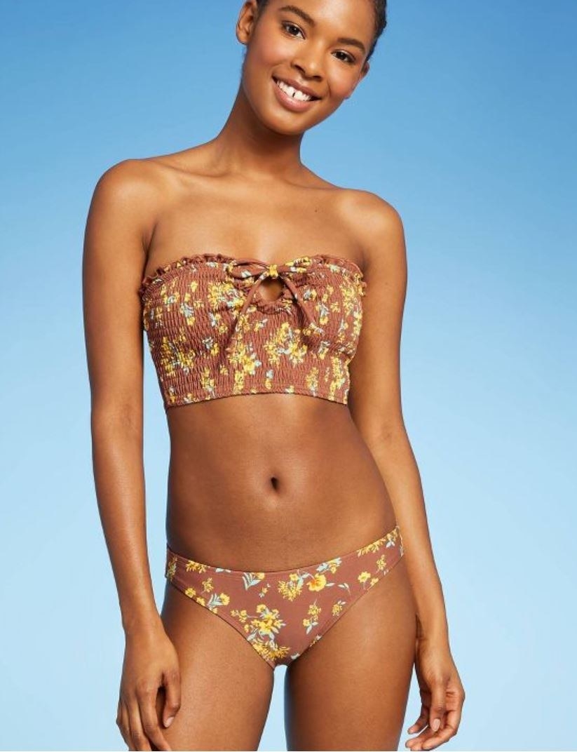 model wearing smocked bikini top