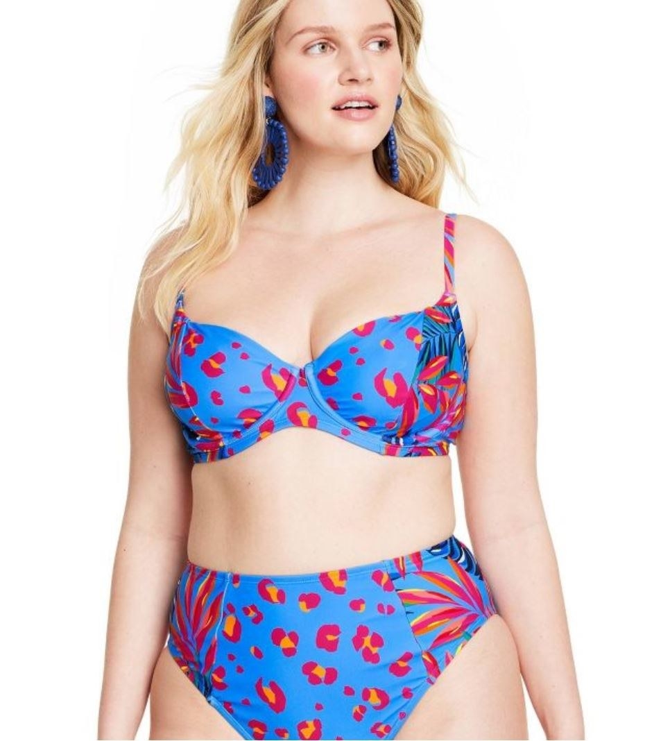 model wearing blue leopard print bikini