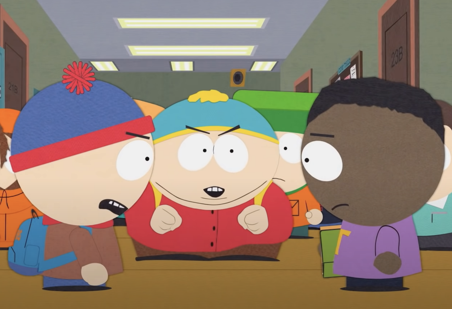 &quot;South Park&quot; characters looking at a Black student in shock