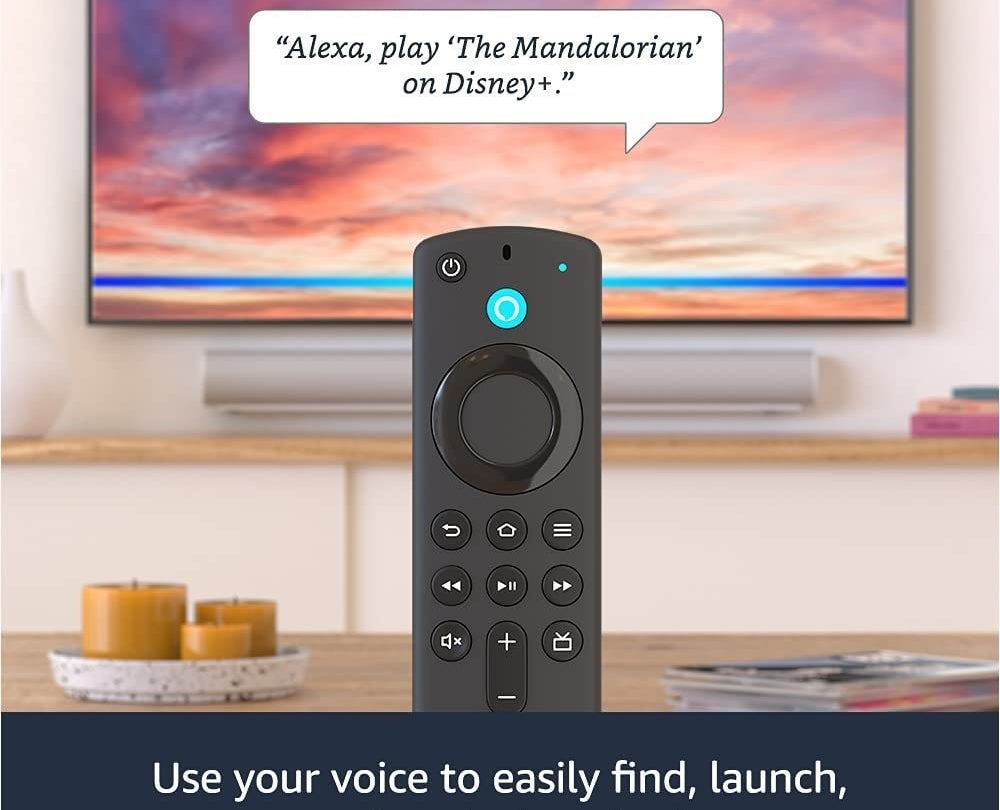 Small black remote with a dialogue of someone telling it to play a show