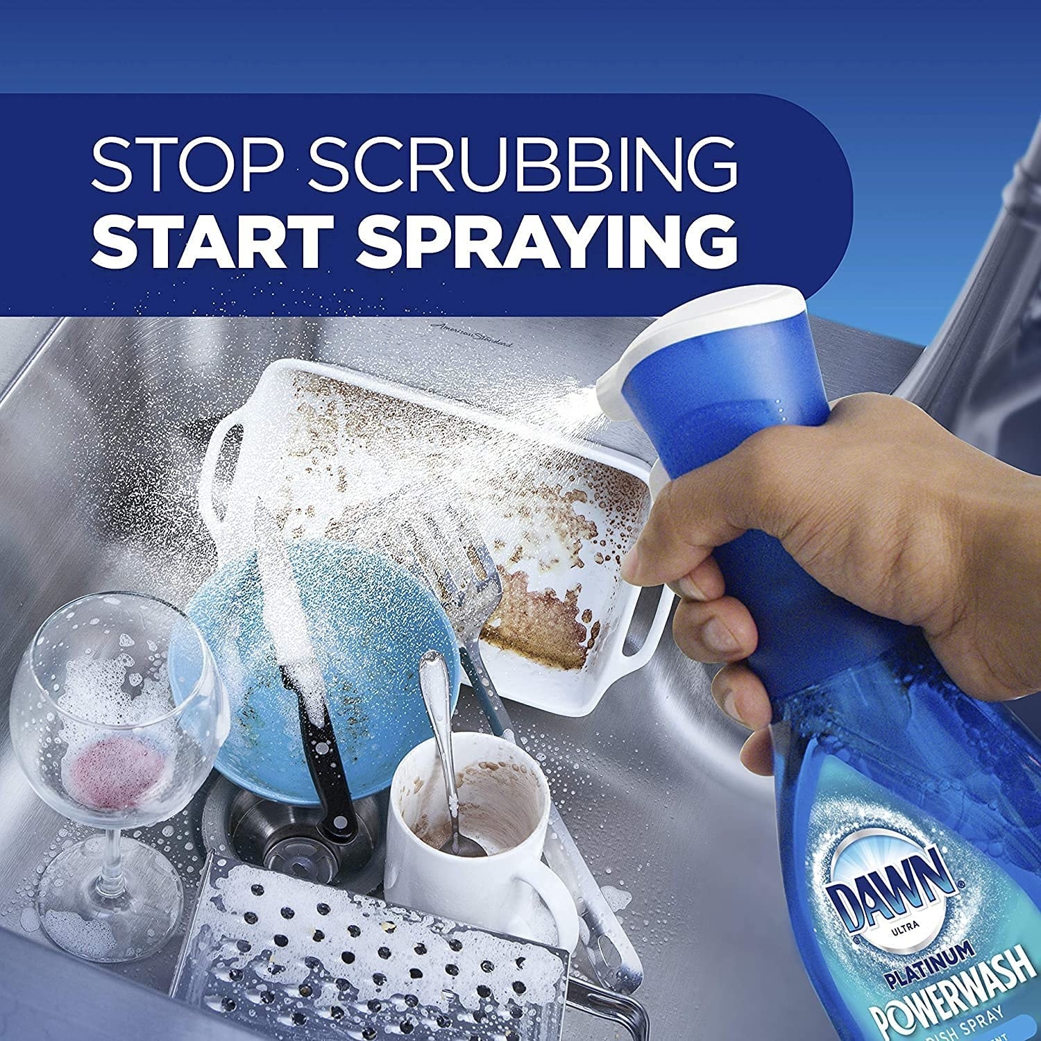 A model spraying the soap on a sink of dishes with text stop scrubbing start spraying